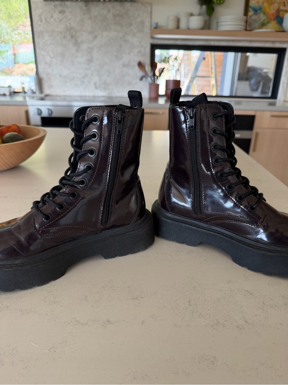 Zara Kid’s Glossy Dark Burgundy Lace-Up Combat Boots